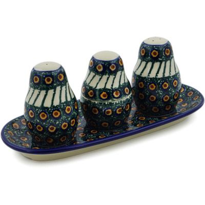Polish Pottery Salt and Pepper with Toothpick Holder 10&quot; Emerald Peacock