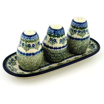 Polish Pottery Salt and Pepper with Toothpick Holder 10&quot; Fanciful Daisy