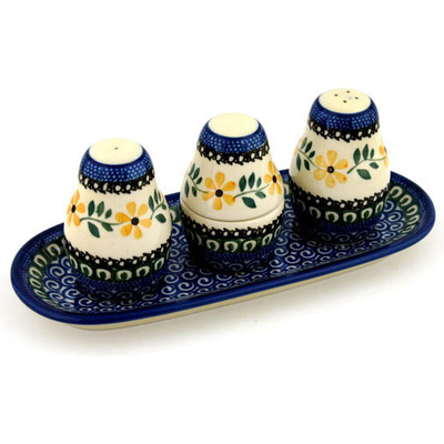 Polish Pottery Salt and Pepper with Toothpick Holder 10&quot; Golden Daisy Swirl