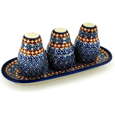 Polish Pottery Salt and Pepper with Toothpick Holder 10&quot;