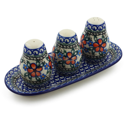 Polish Pottery Salt and Pepper with Toothpick Holder 10&quot; Lancaster Rose