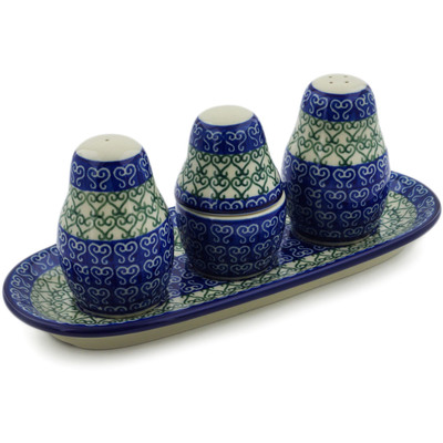 Polish Pottery Salt and Pepper with Toothpick Holder 10&quot; Lovely Heart