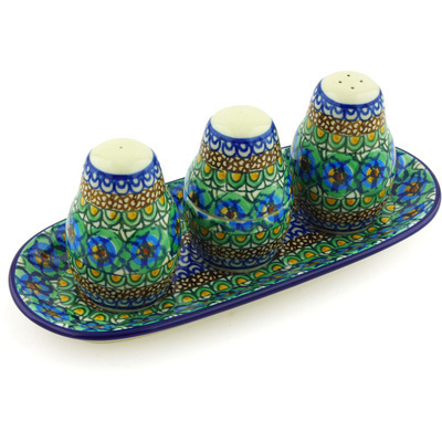 Polish Pottery Salt and Pepper with Toothpick Holder 10&quot; Mardi Gra UNIKAT