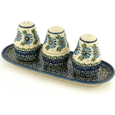 Polish Pottery Salt and Pepper with Toothpick Holder 10&quot; Marigold Morning