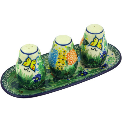 Polish Pottery Salt and Pepper with Toothpick Holder 10&quot; Spring Garden UNIKAT