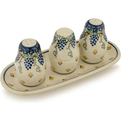 Polish Pottery Salt and Pepper with Toothpick Holder 10&quot; Summer Grapes