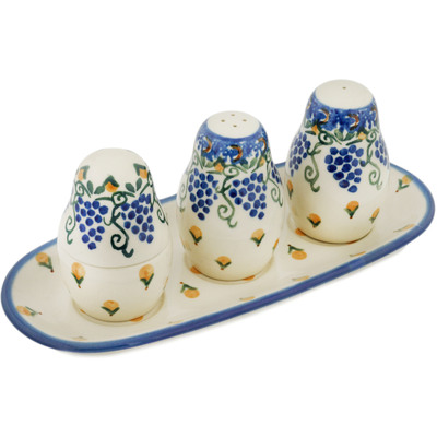 Polish Pottery Salt and Pepper with Toothpick Holder 10&quot; Summer Grapes