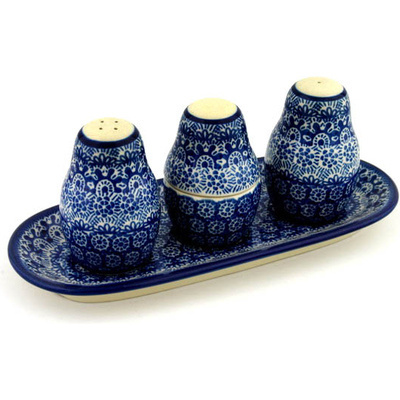 Polish Pottery Salt and Pepper with Toothpick Holder 10&quot; Winter Frost