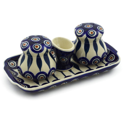 Polish Pottery Salt and Pepper with Toothpick Holder 8&quot; Peacock