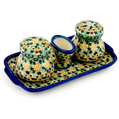 Polish Pottery Salt and Pepper with Toothpick Holder 8&quot; UNIKAT