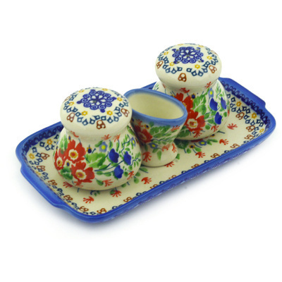 Polish Pottery Salt and Pepper with Toothpick Holder 8&quot; Vintage Flowers UNIKAT