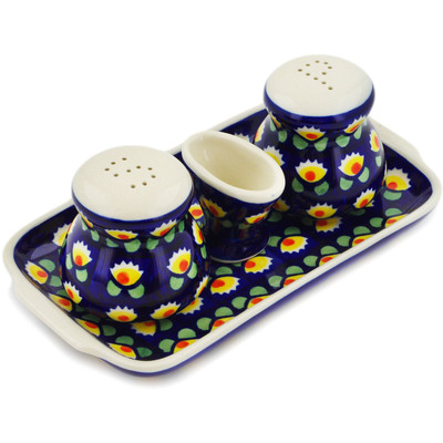 Polish Pottery Salt and Pepper with Toothpick Holder 8&quot; Waterlily