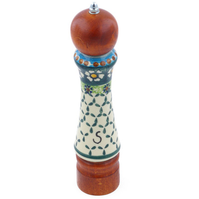 Polish Pottery Salt Grinder 8&quot; Green Daisy