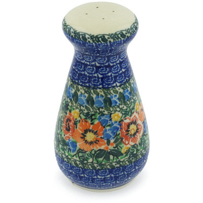 Polish Pottery Salt Shaker 6&quot; Blue Daisy Bouquet UNIKAT