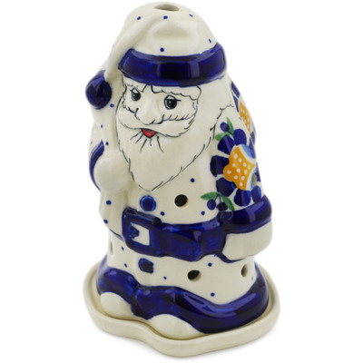 Polish Pottery Santa Candle Holder 6&quot; Orange And Blue Flower