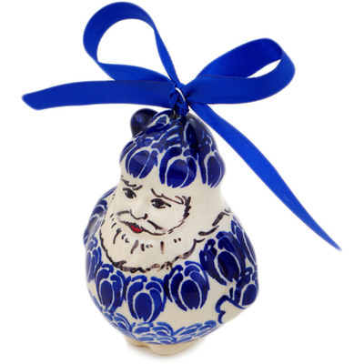 Polish Pottery Santa Claus Ornament 4&quot; Retro Blue Tulips