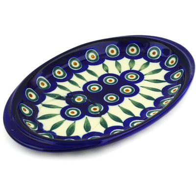 Polish Pottery Saucer 9&quot; Peacock Leaves