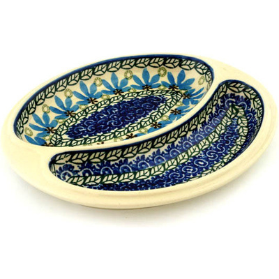 Polish Pottery sausage plate Blue Fan Flowers