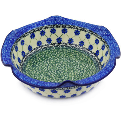 Polish Pottery Scalloped Bowl 10&quot; Blue Daisies