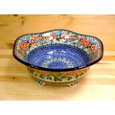 Polish Pottery Scalloped Bowl 10&quot; Blue Daisy Bouquet UNIKAT