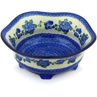 Polish Pottery Scalloped Bowl 10&quot; Blue Poppies