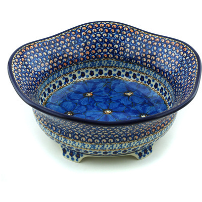 Polish Pottery Scalloped Bowl 10&quot; Blue Poppies UNIKAT