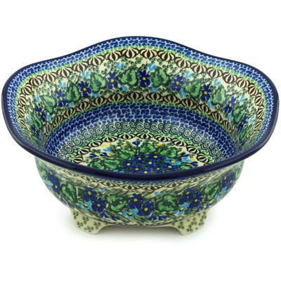 Polish Pottery Scalloped Bowl 10&quot; Blue Violet Garden UNIKAT
