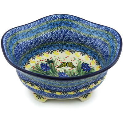 Polish Pottery Scalloped Bowl 10&quot; Bluebonnet Garden UNIKAT
