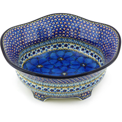 Polish Pottery Scalloped Bowl 10&quot; Cobalt Poppies UNIKAT
