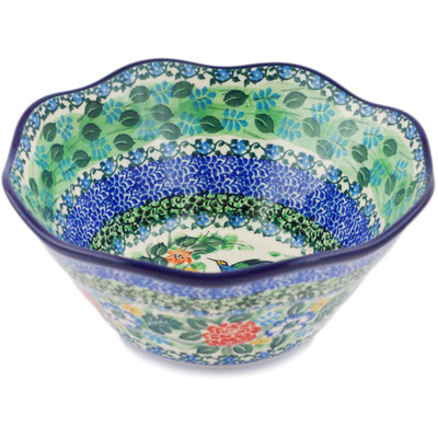 Polish Pottery Scalloped Bowl 10&quot; Hummingbird Meadow UNIKAT