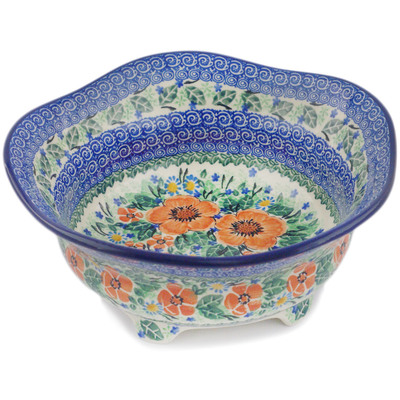 Polish Pottery Scalloped Bowl 10&quot; Peach Poppy Wreath UNIKAT