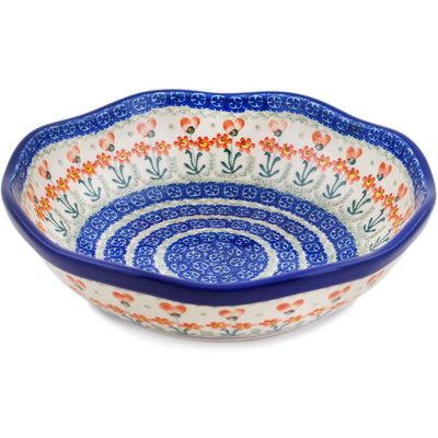 Polish Pottery Scalloped Bowl 10&quot; Peach Spring Daisy