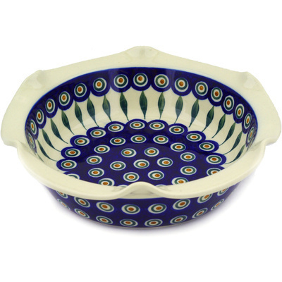 Polish Pottery Scalloped Bowl 10&quot; Peacock Leaves