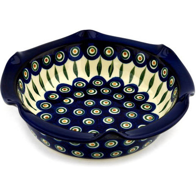 Polish Pottery Scalloped Bowl 10&quot; Peacock Leaves