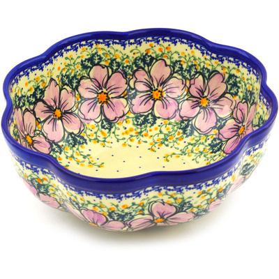 Polish Pottery Scalloped Bowl 10&quot; Pink Primrose UNIKAT