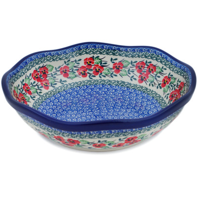 Polish Pottery Scalloped Bowl 10&quot; Red Pansy