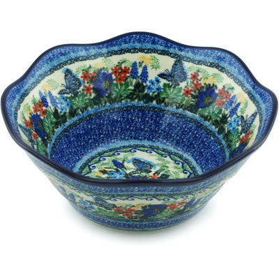 Polish Pottery Scalloped Bowl 10&quot; Royal Blue Monarch UNIKAT