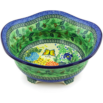 Polish Pottery Scalloped Bowl 10&quot; Spring Garden UNIKAT