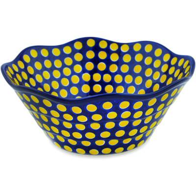 Polish Pottery Scalloped Bowl 10&quot; Yellow Dots