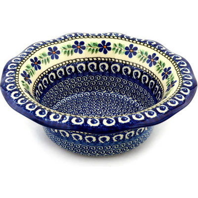 Polish Pottery Scalloped Bowl 11&quot; Blue Daisy Swirls