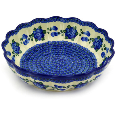 Polish Pottery Scalloped Bowl 11&quot; Blue Poppies