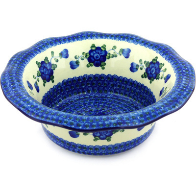 Polish Pottery Scalloped Bowl 11&quot; Blue Poppies