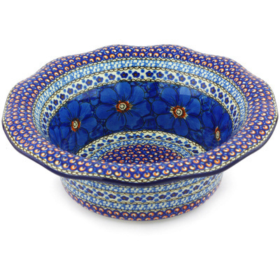 Polish Pottery Scalloped Bowl 11&quot; Cobalt Poppies UNIKAT
