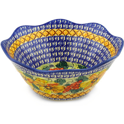Polish Pottery Scalloped Bowl 11&quot; Colorful Bouquet UNIKAT