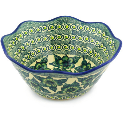 Polish Pottery Scalloped Bowl 11&quot; Gratuitous Greens UNIKAT