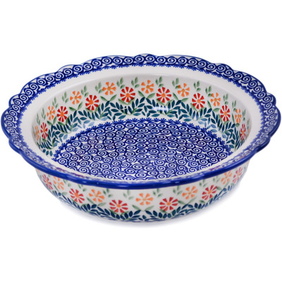 Polish Pottery Scalloped Bowl 11&quot; Wave Of Flowers