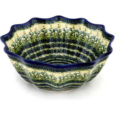 Polish Pottery Scalloped Bowl 12&quot; Blue Daisy Circle