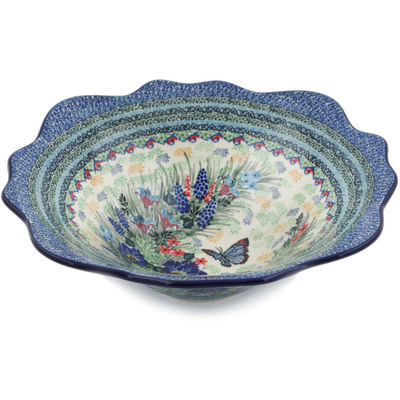 Polish Pottery Scalloped Bowl 12&quot; Blue Monarch Meadow UNIKAT