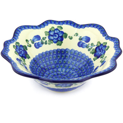 Polish Pottery Scalloped Bowl 12&quot; Blue Poppies