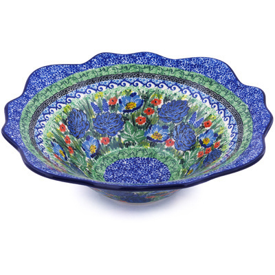 Polish Pottery Scalloped Bowl 12&quot; Joyful Blue UNIKAT